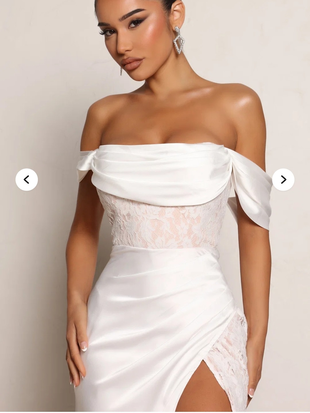 Fashion Nova White Off-Shoulder Lace & Satin Strapless Gown